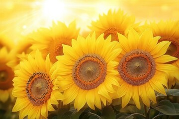 Obraz premium bright sunflowers with golden petals and green leaves bathed in warm sunlight, cheerful summer scene with a large golden square overlay