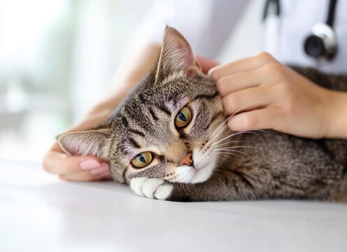 calm tabby cat resting on a table, gently held and petted by human hands with a stethoscope nearby, relaxed and trusting during a veterinary checkup