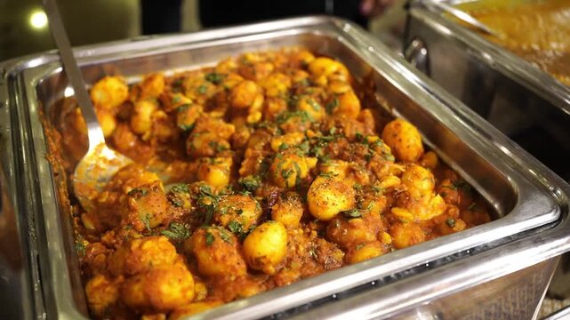 Traditional Indian Wedding Food: Spicy Aloo Dum in a Rich Tomato Gravy