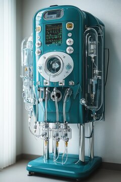Teal wall-mounted medical dialysis machine with transparent fluid chambers, intravenous bags, multiple tubing and a digital vital signs display conveying clinical precision and futuristic calm