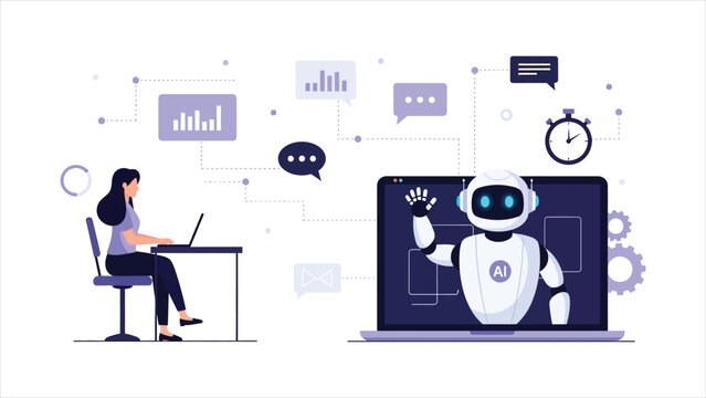 AI Assistant Helping Woman with Data Analysis on Laptop