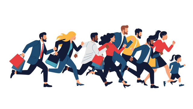 Large crowd of diverse shoppers running with colorful bags in a rush to find the best deals during a big holiday sale event.