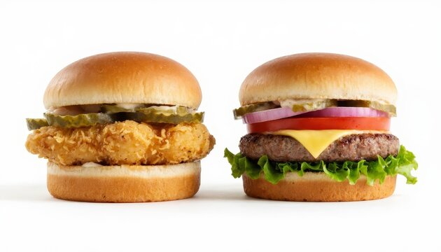 displays two burgers side by side. One burger features crispy chicken, while the other has a beef patty with cheese and fresh vegetables.