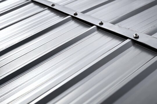 close-up of corrugated metal roof panels with exposed bolts and overlapping seam, gray metallic sheen and repeating ridges conveying industrial precision and sturdy modernity