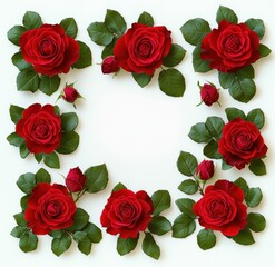 Obraz premium square frame of deep red roses and green leaves on white background with scattered rosebuds, creating a romantic elegant floral border and warm celebratory mood
