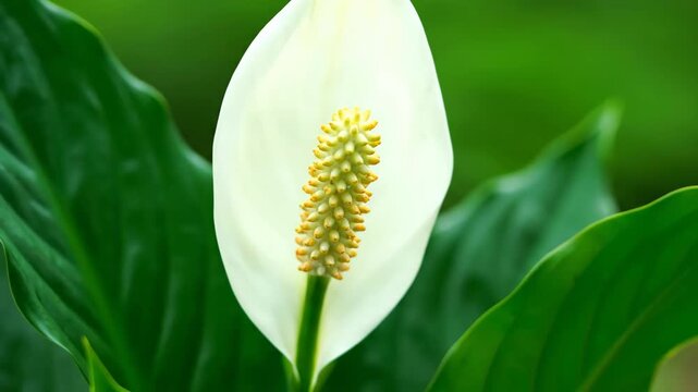 Close-up of a white Peace Lily flower with green leaves, a nature background.