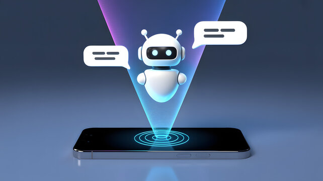 Friendly white chatbot robot projects from smartphone with glowing speech bubbles on blue background