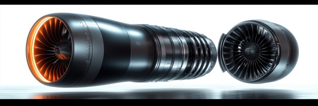 two gleaming turbofan engines with exposed compressor section and glowing orange intake fan blades conveying power and high‑precision engineering