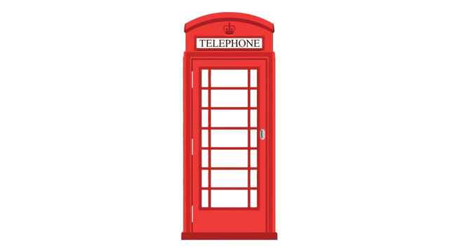 A classic red british telephone box stands isolated on a white background