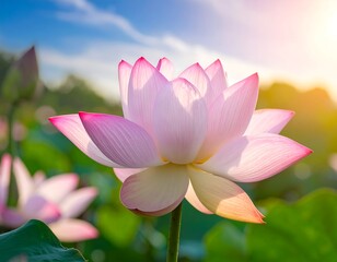 Obraz premium Close-up of a delicate pink flower blooming amidst green foliage under a sunny, clear sky. Light enhances its petals