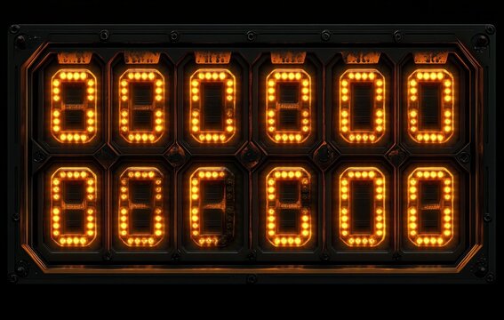 twelve amber led digit modules in a riveted dark metal frame, dotted seven-segment display glowing warm orange with an intense industrial, anticipatory mood