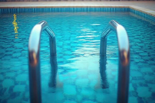 Empty outdoor swimming pool with stainless steel handrails dipping into clear turquoise water over mosaic tiles, calm ripples and an inviting serene atmosphere