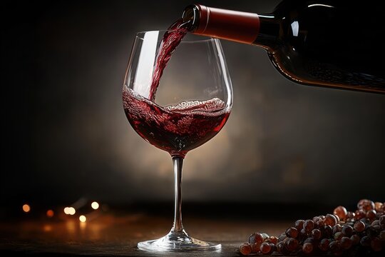 Bottle pouring red wine into an elegant stemmed glass beside a cluster of grapes on a dark, warm tabletop, creating a rich, inviting and cozy atmosphere