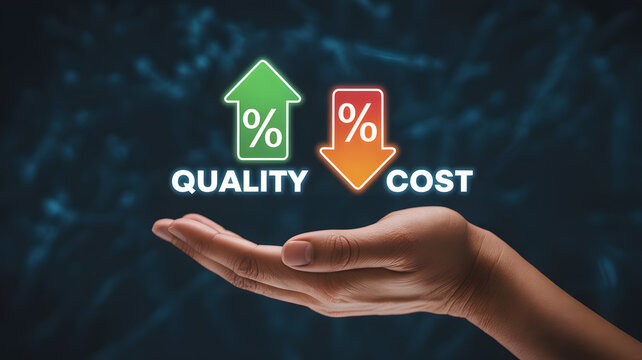 A human hand presents glowing digital icons symbolizing increasing quality and decreasing cost on a 