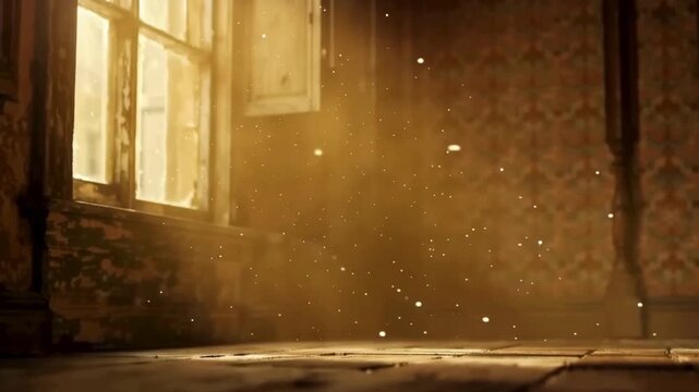 Dust Particles in Sunlight of Abandoned Room. Atmospheric dust motes floating in a beam of light from a window in a dark, vintage, or haunted abandoned house interior.