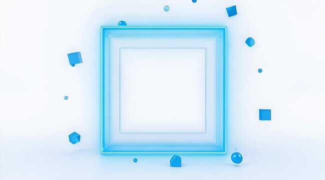 Minimalist blue square frame with floating geometric shapes, clean 3D product display mockup, modern abstract background for social media