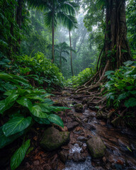 Naklejka premium Tranquil rainforest creek flowing over wet stones and dark roots under lush green canopy