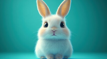 Obraz premium fluffy white baby rabbit with large dark eyes and upright ears sitting on a teal background looking curious and innocent