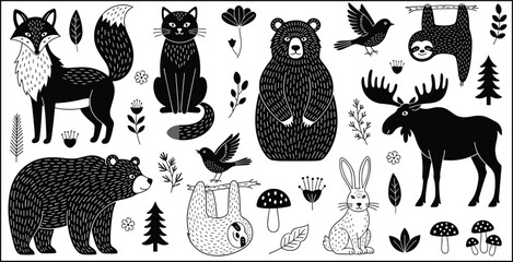 Fototapeta premium Woodland animals vector illustration set, cute forest wildlife characters including fox bear moose rabbit sloth bird with plants flowers decorative nature clipart