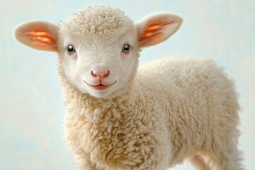 Fototapeta premium adorable fluffy cream lamb with large pink inner ears and curly fleece standing against a soft pale blue background conveying gentle curious charm