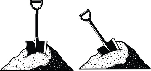 Set of shovel silhouettes stuck in a pile of dirt or sand isolated on white background, construction and gardening vector icons © Niheranjan