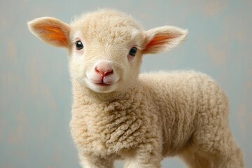 Obraz premium fluffy lamb with perky ears and soft curly wool on a pastel blue backdrop conveying warmth and innocence