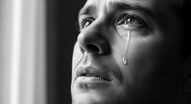 Close-up Black and White Portrait of a Man Crying Emotionally.