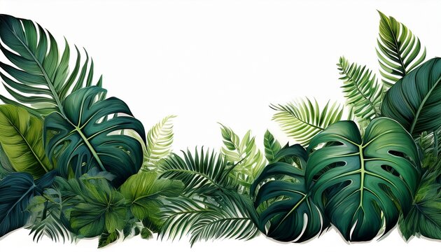 dark green lush tropical foliage border frame with monstera leaves ferns and palm fronds isolated on a white background