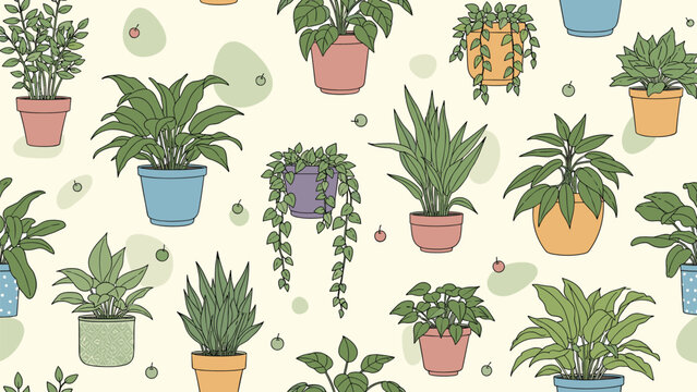 Seamless pattern of various indoor houseplants in colorful ceramic pots on a light background for home decor and nature lovers.