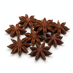 A closeup of aromatic star anise and cinnamon sticks isolated on a white background creates an organic, fragrant spice arrangement perfect for flavorful Christmas seasoning or herbal food ingredients