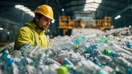 Recycling plant worker in yellow vest and hard hat examines pile of plastic bottles