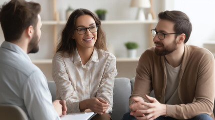 Obraz premium Couples therapist guiding partners through a communication therapy session in an office, facilitating listening, discussion and supportive guidance