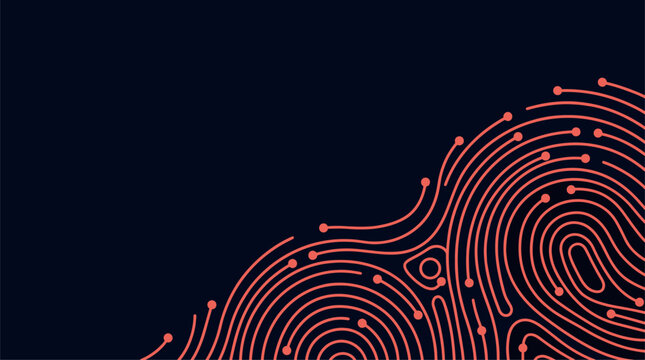 Abstract red digital fingerprint pattern with circuitry dots on dark background vector illustration