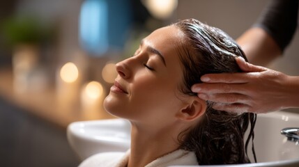 A serene moment of relaxation during a calming hair wash at a spa aesthetic. The stylish ambiance enhances the overall experience and therapeutic effects of self care. Generative AI