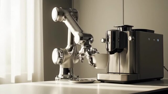 Modern kitchen scene with robot arm making coffee with an espresso machine.