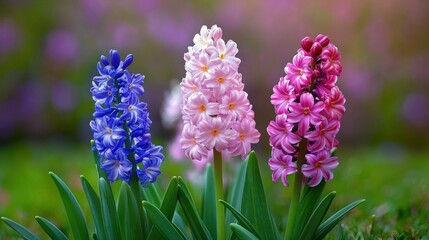 Fototapeta premium Three colorful hyacinth blooms in blue, pale pink, and deep pink with glossy green leaves against a soft dreamy garden background, evoking serene spring joy