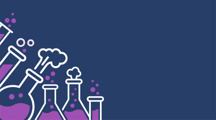 Chemistry laboratory glassware with purple liquid and bubbles vector illustration background