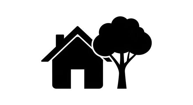 Minimalist black house and tree silhouette vector illustration home nature