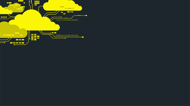Cloud computing abstract background with yellow circuit nodes and binary code vector illustration
