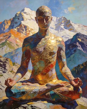 meditating human figure in mountain landscape symbol of mindfulness harmony spiritual balance and inner peace