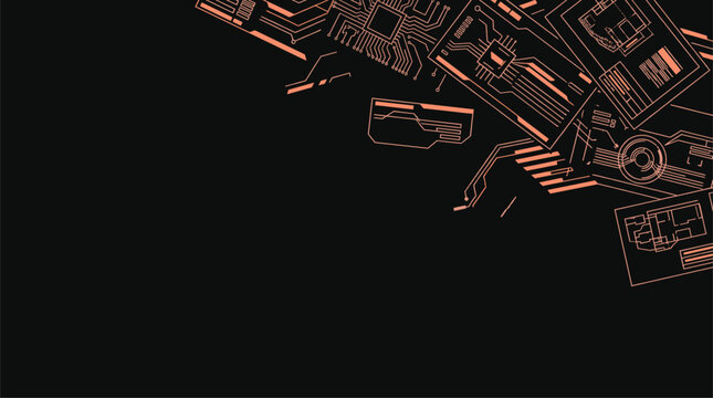 Abstract orange technical circuit board and architectural blueprint schematics on dark background vector