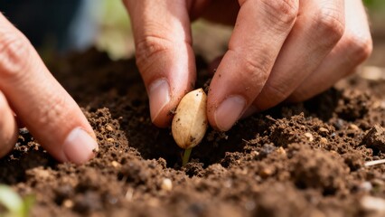 Hands planting seed in soil close up with visible dirt texture and macro nature details