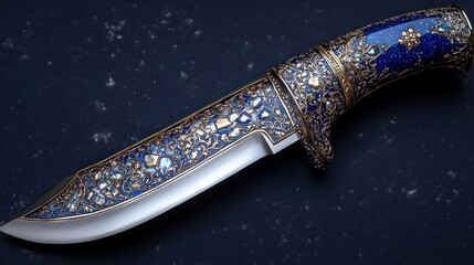 ornate decorative knife with polished steel blade and blue enamel handle adorned with gold filigree and mother-of-pearl inlay, evoking luxurious craftsmanship and elegance