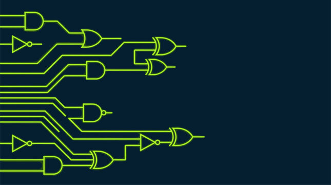 Digital logic gate circuit diagram on dark background vector illustration