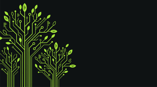 Sustainable green technology circuit tree concept on dark background vector illustration
