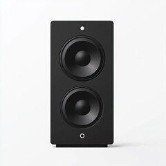 Obraz premium sleek black vertical speaker with two large circular drivers, small top port and bottom indicator light on a minimalist white background conveying modern, powerful audio presence