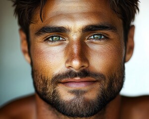 Fototapeta premium Close-up portrait of a young person with tousled dark hair, visible ears and bare shoulders conveying a calm, contemplative mood
