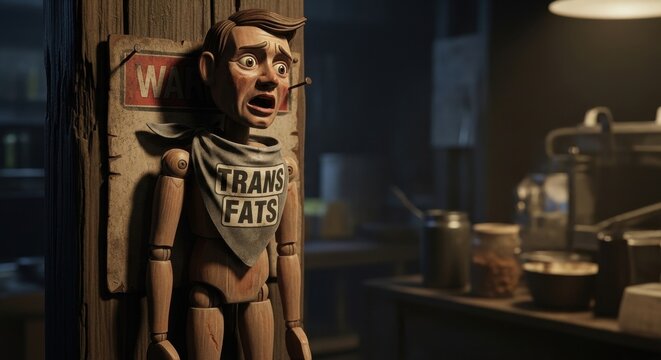 Stop-motion puppet with a Trans Fats bandana expressing shock.