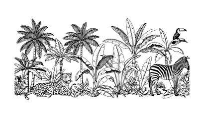 Vintage tropical toile seamless border with palm trees banana plants leopard zebra and toucan vector illustration © Meerazul