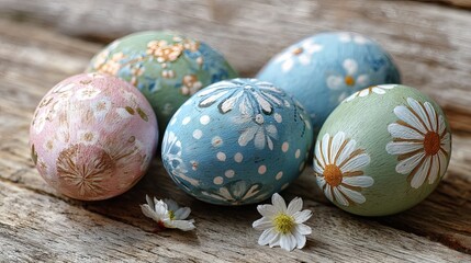 Fototapeta premium Pastel Easter eggs with floral patterns on rustic wooden table, soft natural light, spring holiday decoration